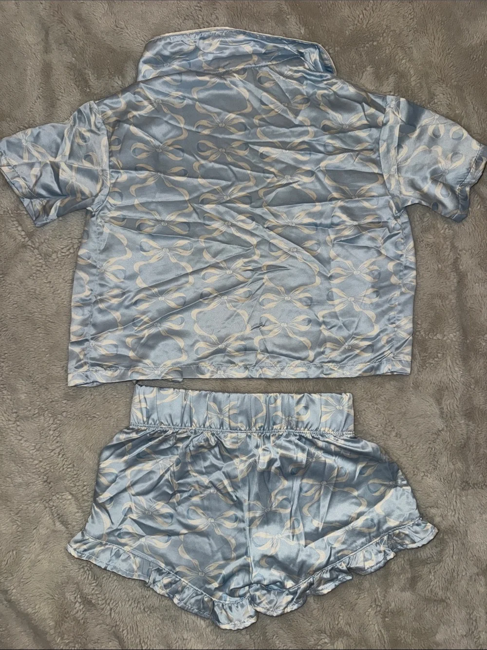 art class Light Blue Satin Short Pajama Set with Ivory Bow Print